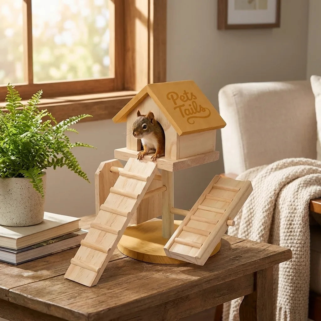 A wooden pet playhouse with a small squirrel sitting inside, placed on a rustic wooden table in a cozy living room setting. The playhouse features a house with a ramp, a second elevated platform, and a second ramp, with the words 'Pets Tail's' engraved on the front.