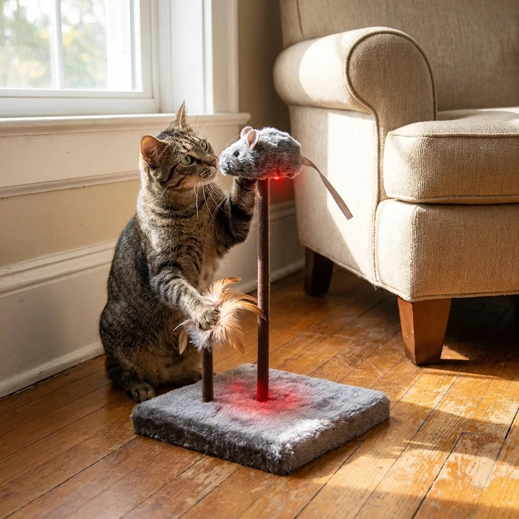 A gray tabby cat plays with a toy mouse on a vertical pole attached to a square gray base, set on a wooden floor in a living room next to a beige armchair.