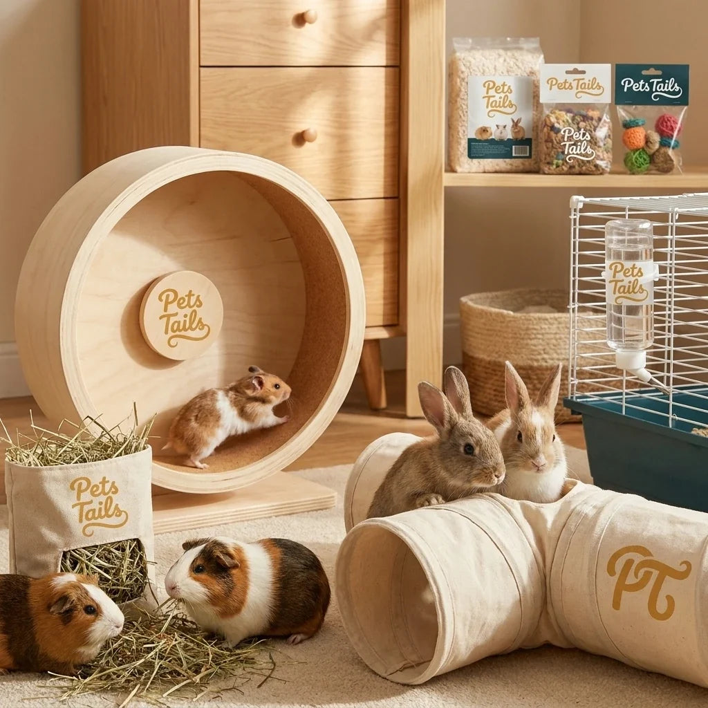 A pet accessories set displayed with live hamsters and guinea pigs in a warm, wood-toned room. The set includes a large wooden hamster wheel, a fabric hay feeder, a fabric tunnel, a small wire cage with a water bottle, and bags of Pet Tails chow and toys.