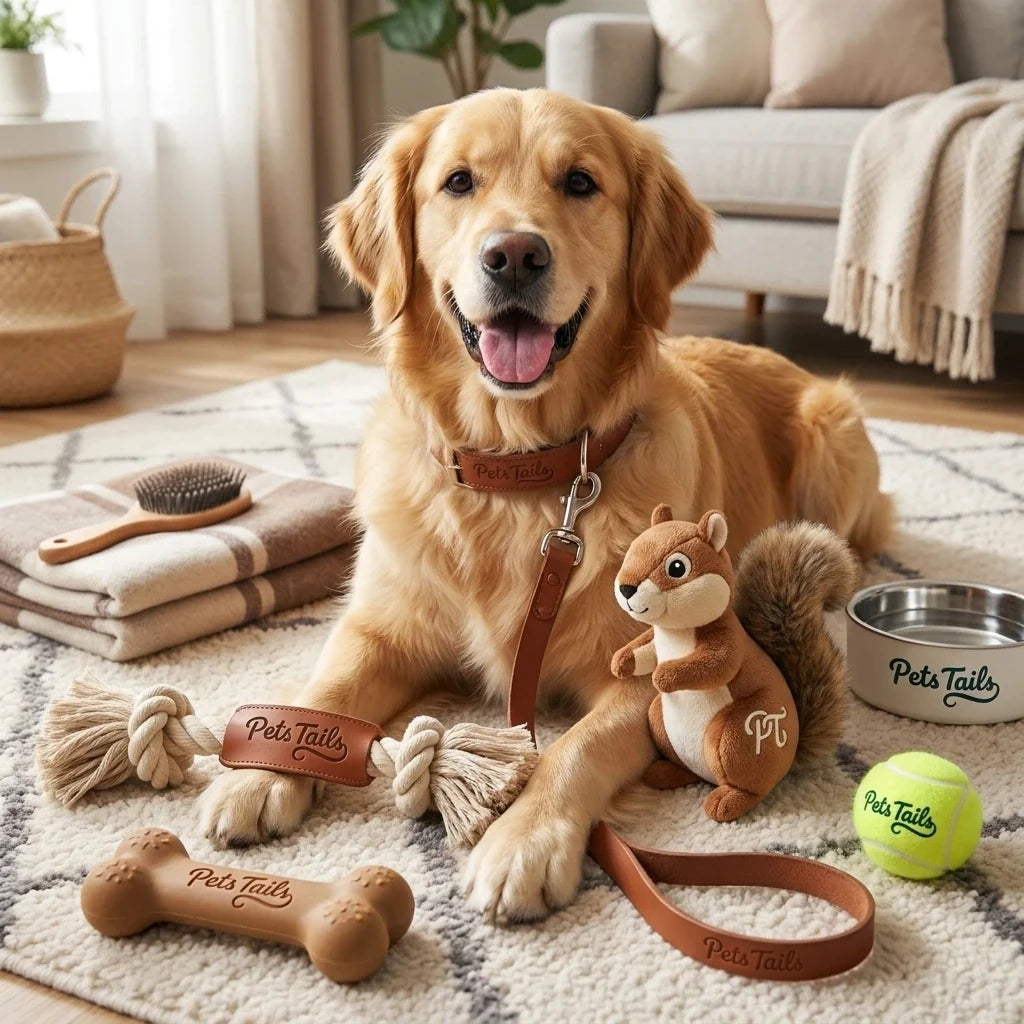 A golden retriever dog lies on a patterned rug in a cozy living room, surrounded by multiple Pets Tailz dog accessories including a leather collar with leash, rope toys, a plush squirrel toy, a bone-shaped toy, and a tennis ball.
