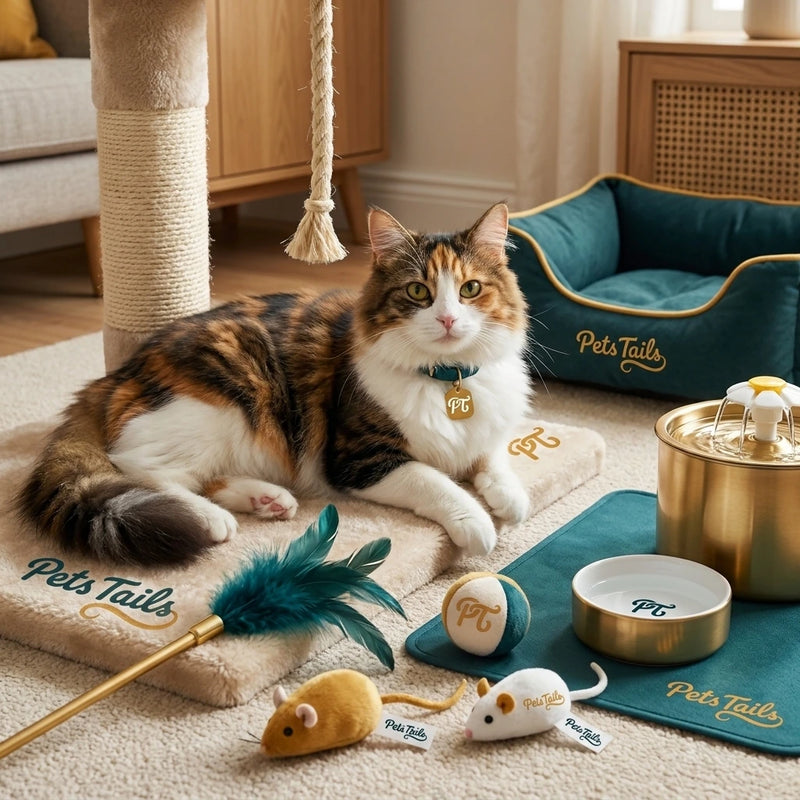 A calico cat lies on a beige carpet in a cozy room, surrounded by Pets Tails branded pet accessories including a teal pet bed, bowls, toys, a feather wand, and a scratching post.