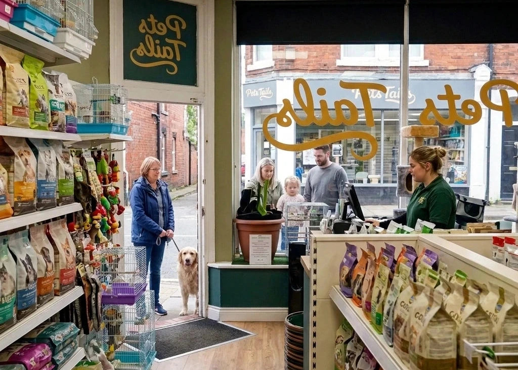 A pet store interior with shelves of pet food and accessories, a counter with a cashier, and several people standing near the window. A person near the doorway is holding a dog on a leash.