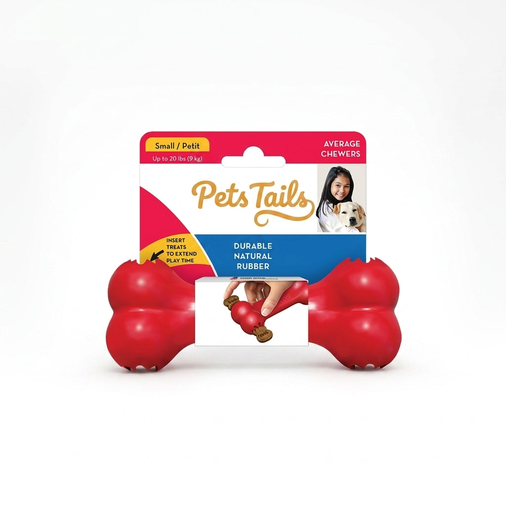 Red bone-shaped Pet's Tails dog toy in its original retail packaging, shown against a clean white background.