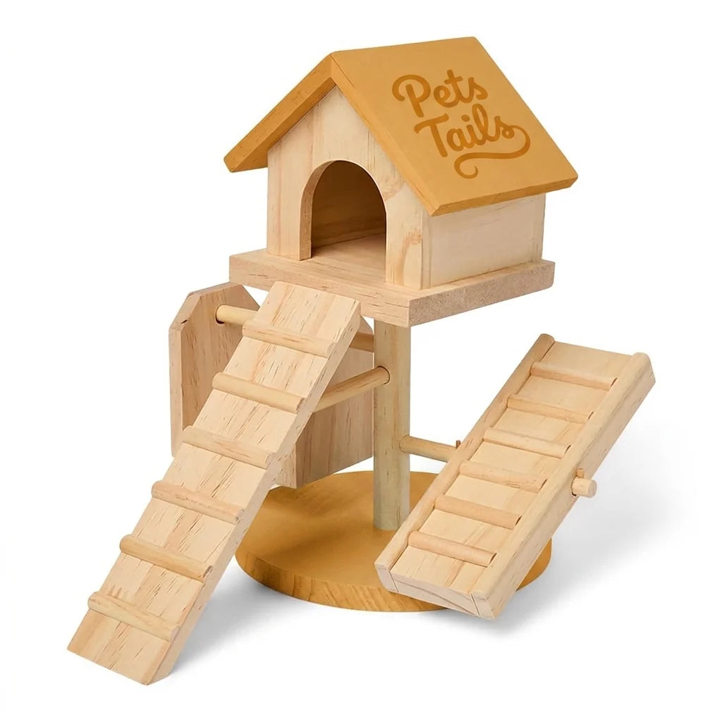 A light natural wood multi-level pet playhouse with a small house on top, a ladder staircase, a spiral ramp, and a round base. The top of the house is engraved with the words 'Pets Tails'.
