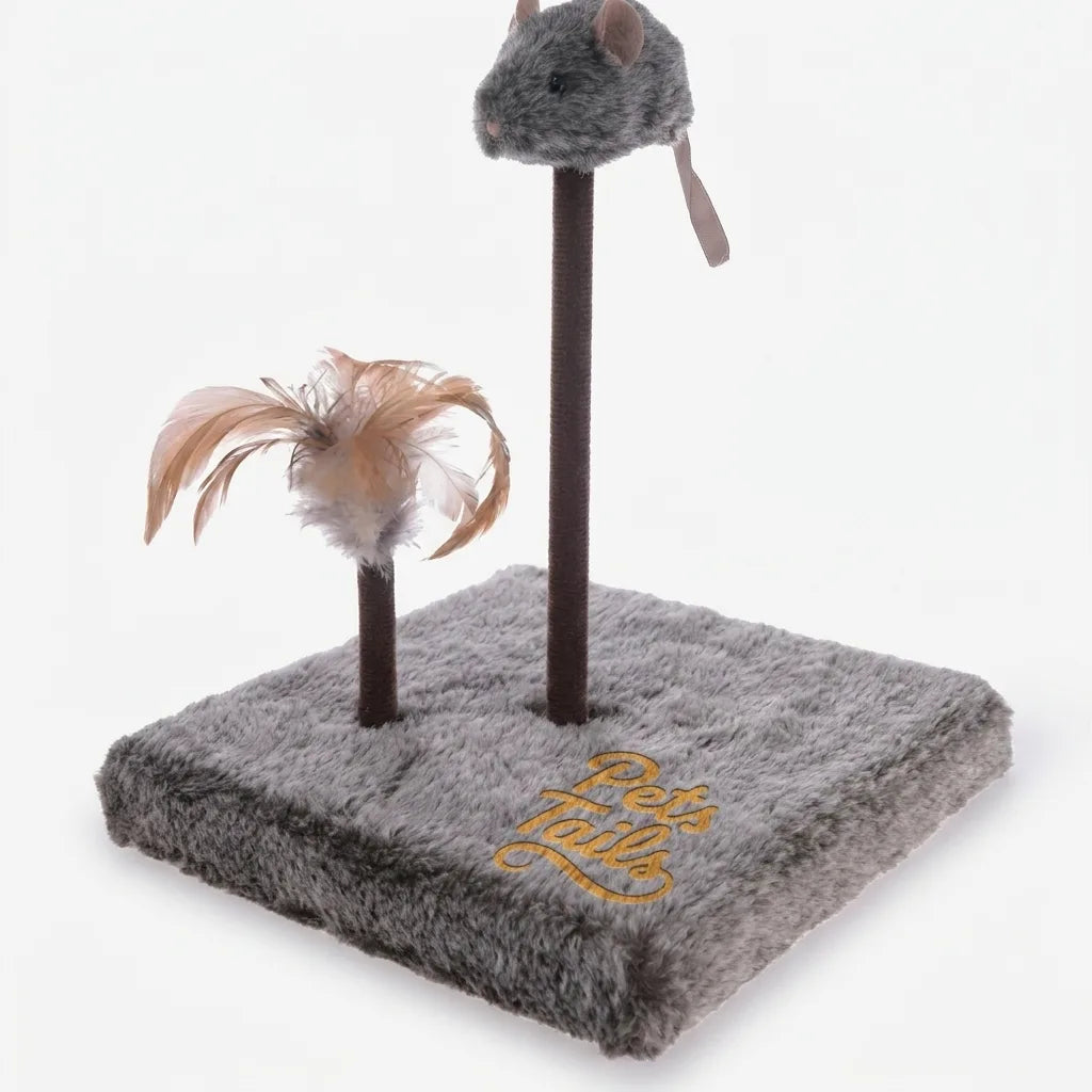 A gray plush cat toy set featuring a rectangular base with embroidered gold text, two dark brown poles, a gray mouse head hanging at the top, and a feather attached to one pole, photographed on a clean white background.