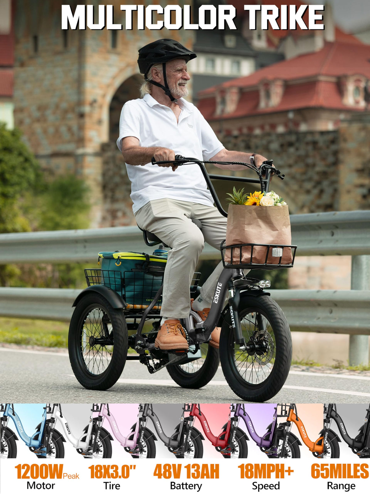 ESKUTE E Trike Electric Bike, Peak 1200W Brushless Motor Folding Trike 18X3.0 Fat Tire Ebike, 624Wh Removable Battery