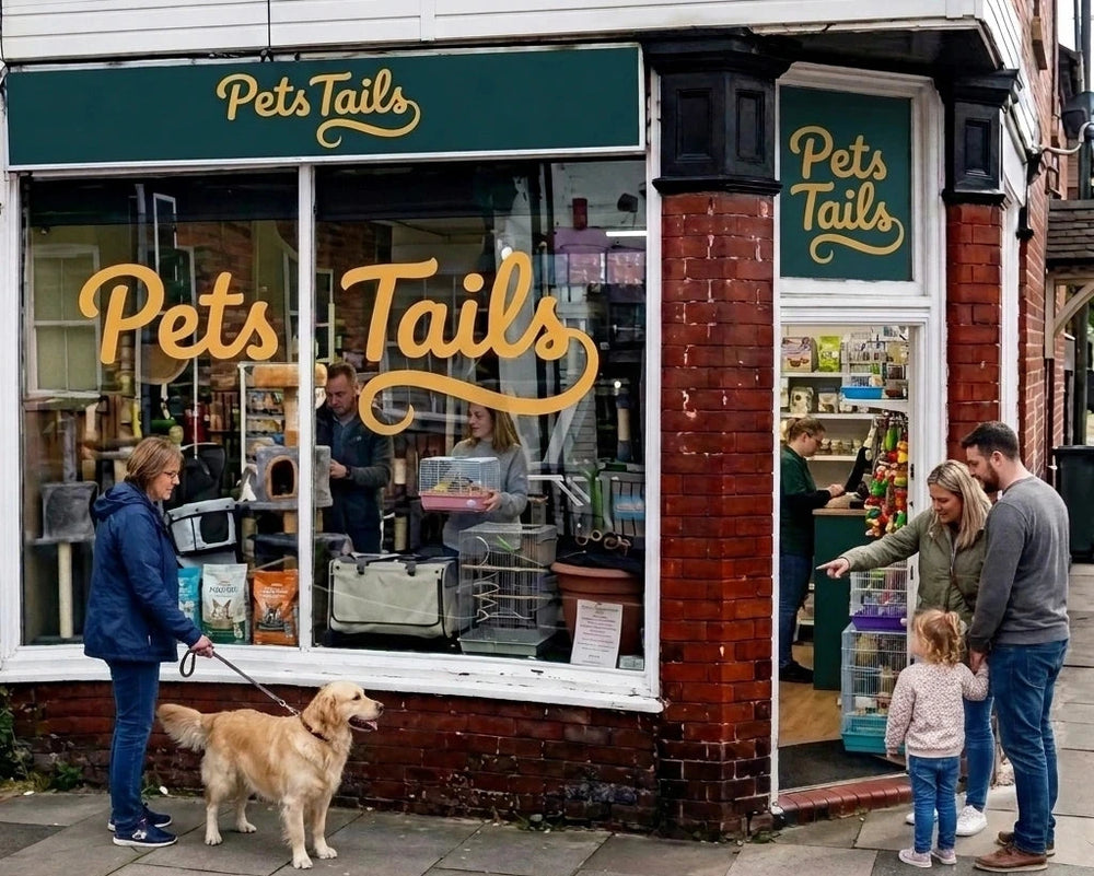 A real storefront scene for Pets Tails showing a brick building with large windows, gold script signage, and several people standing outside while a dog is on a leash in front of the shop