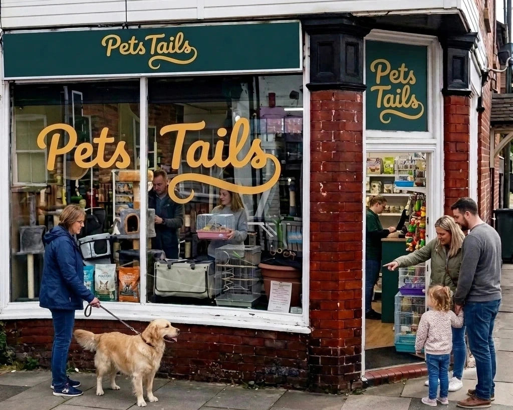 A real storefront scene for Pets Tails showing a brick building with large windows, gold script signage, and several people standing outside while a dog is on a leash in front of the shop