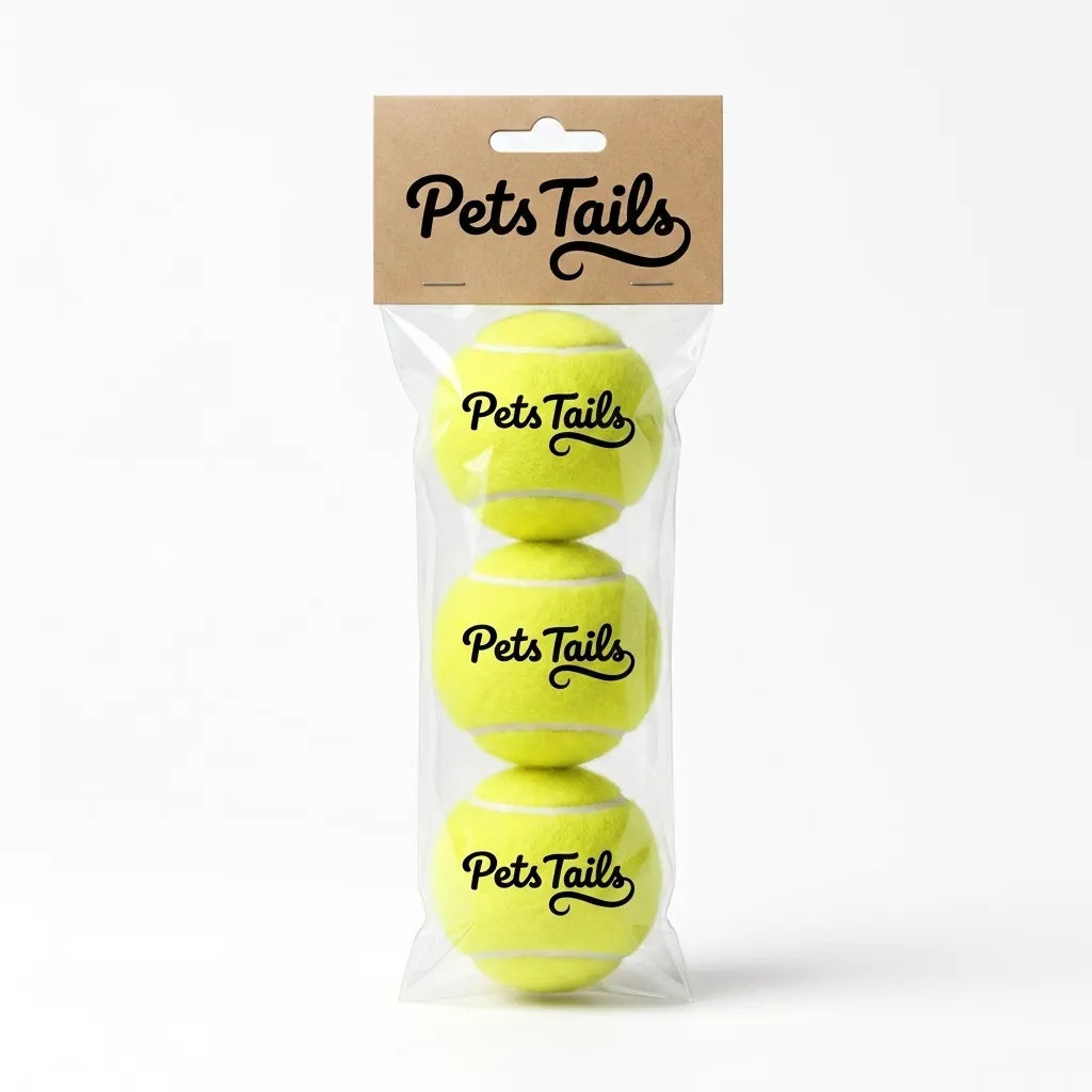 Three bright yellow tennis balls in a clear plastic bag with a brown cardboard header card printed with the brand name 'Pets Tails'.