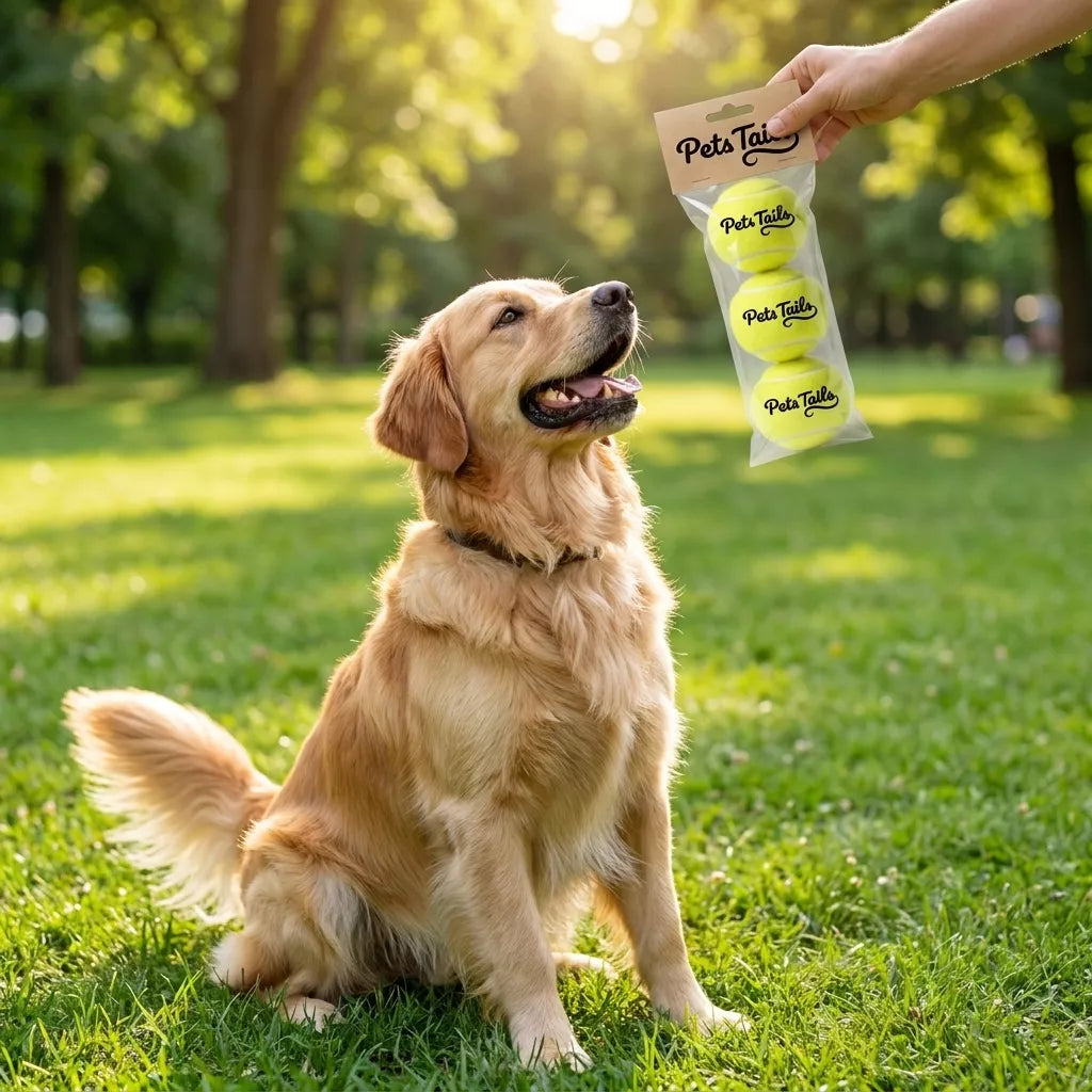 A golden retriever sits on a sunlit grassy park lawn looking up at a human hand holding a package of yellow PetTails dog toys. Trees and bright sunlight are blurred in the background.
